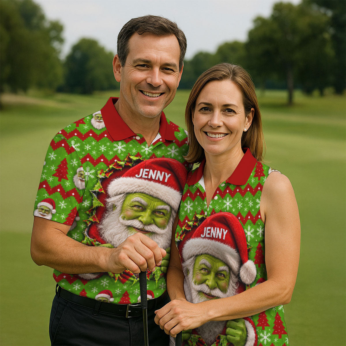 Custom Name Green Santa Christmas Golf Shirt, Golf Gifts For Men, Golf Polo For Men