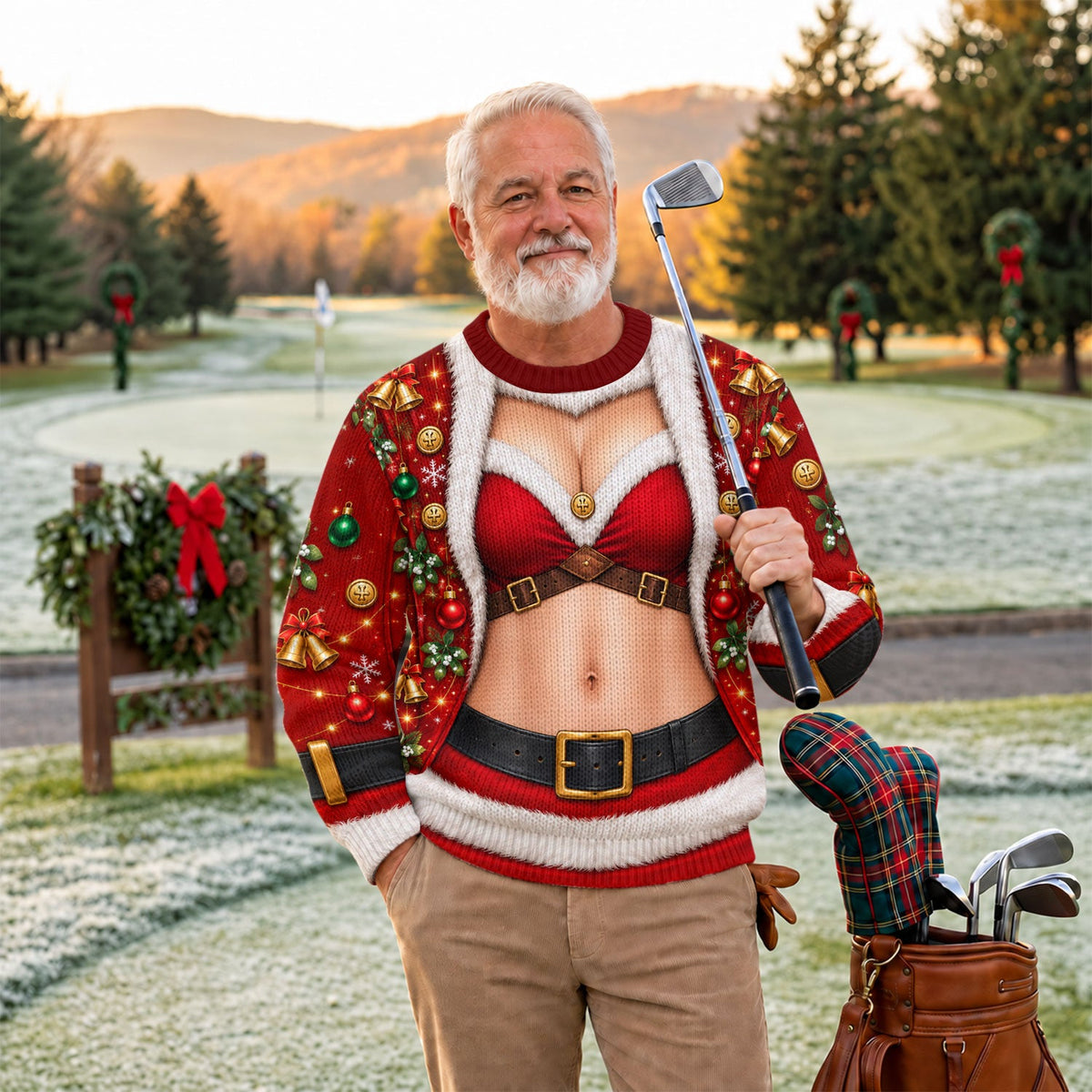 Santa Bikini Abs Vest Ugly Christmas Sweater, Golf Lover Gifts, Funny Holiday Sweater