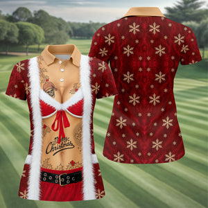 Merry Bikini Tattoo Santa Christmas Golf Shirt, Womens Golf Apparel, Ladies Golf Tops