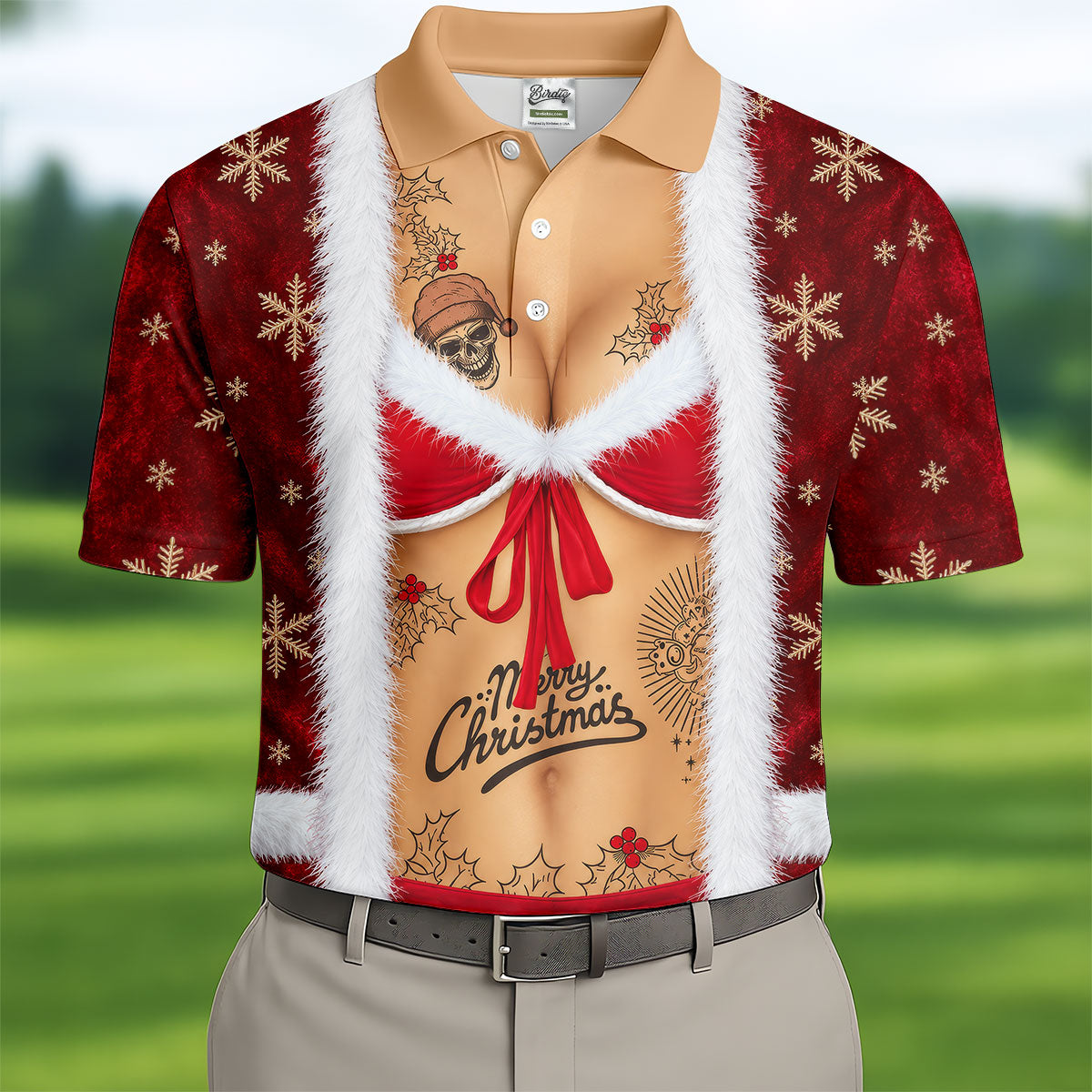 Merry Bikini Tattoo Santa Christmas Golf Shirt, Mens Golf Shirts, Mens Golf Apparel
