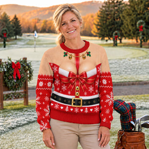 Busty Mrs Claus Red Bow Ugly Christmas Sweater, Ugly Sweater Party, Golf Lover Gifts