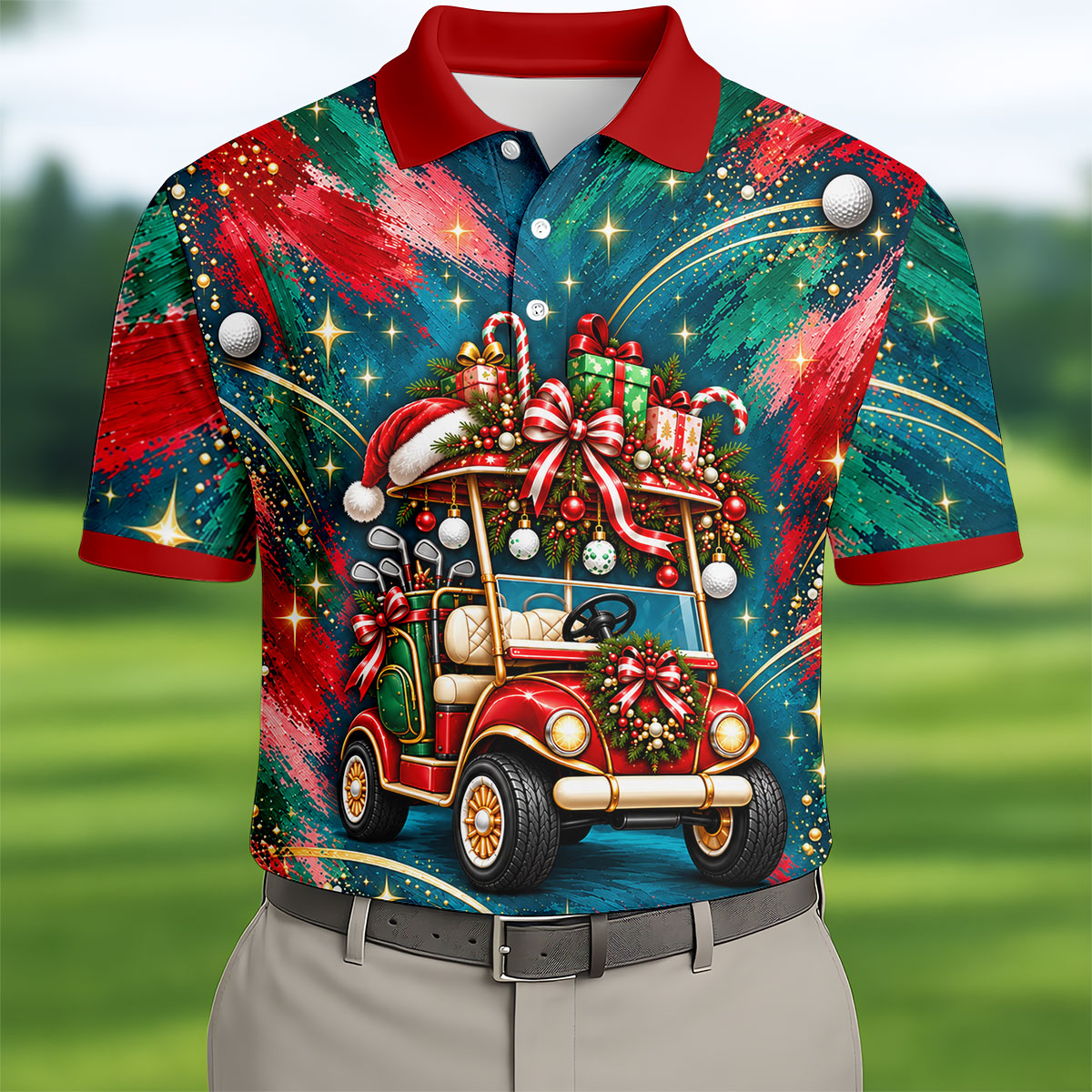 Santa Gift Golf Cart Christmas Golf Shirt, Mens Holiday Golf Shirts, Mens Golf Shirts