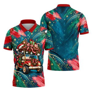 Santa Gift Golf Cart Christmas Golf Shirt, Mens Holiday Golf Shirts, Mens Golf Shirts