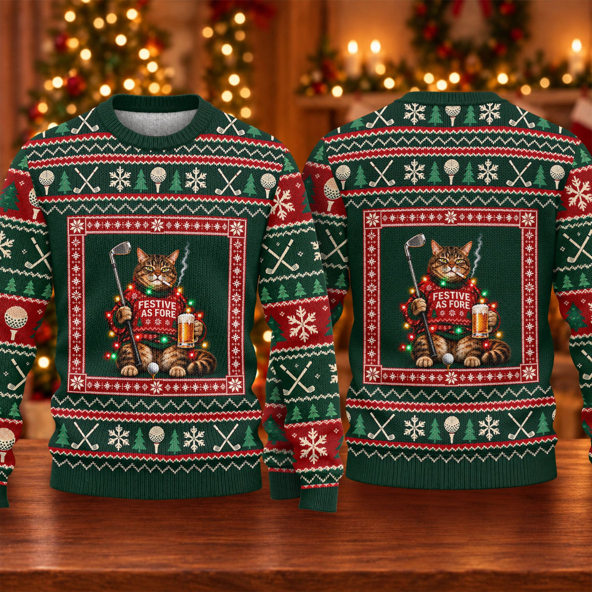 Festive As Fore Cat Beer Ugly Christmas Sweater, Funny Xmas Gift, Christmas Golf Gift