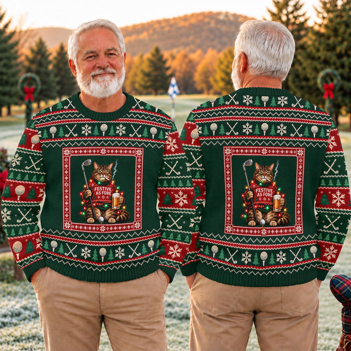 Festive As Fore Cat Beer Ugly Christmas Sweater, Funny Xmas Gift, Christmas Golf Gift