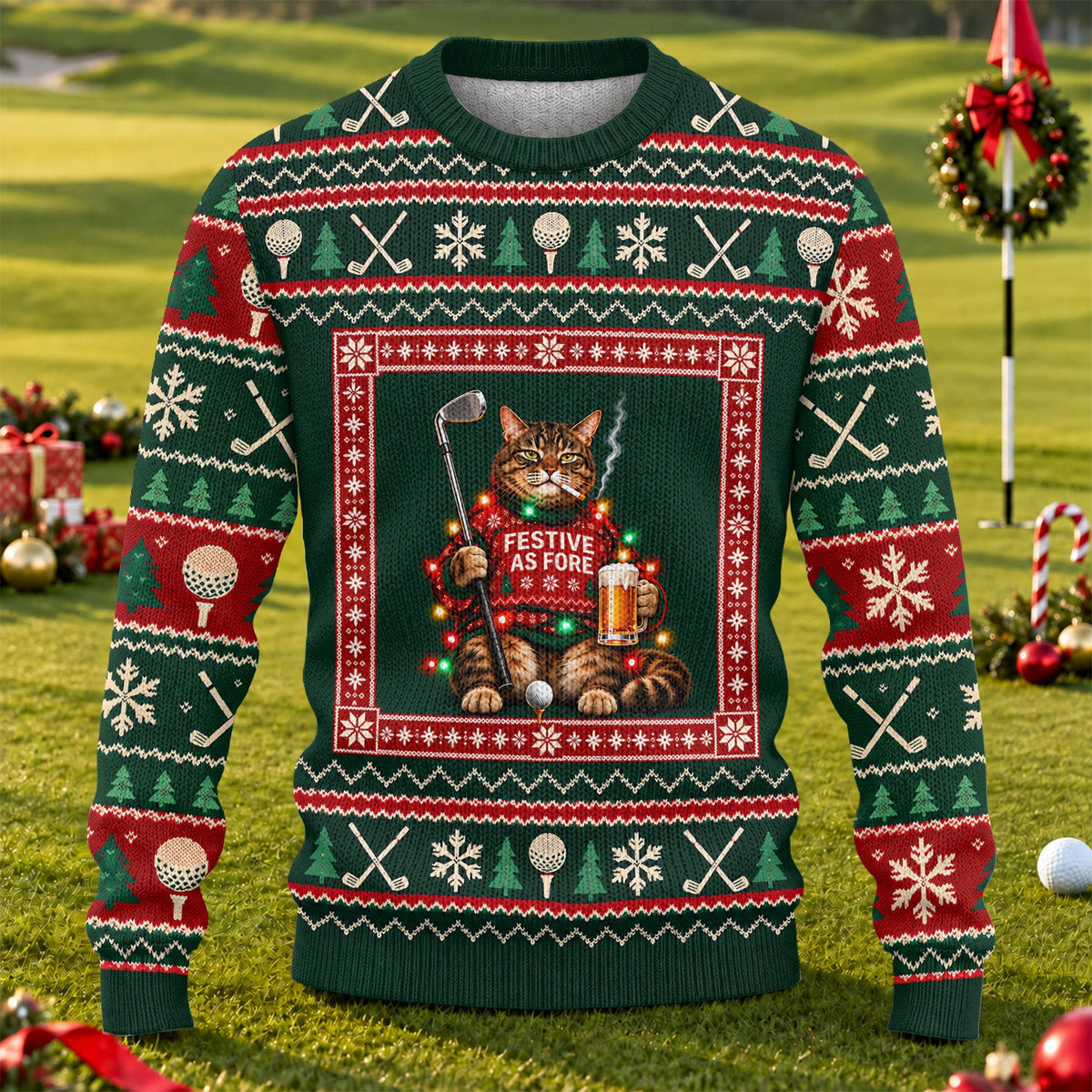 Festive As Fore Cat Beer Ugly Christmas Sweater, Funny Xmas Gift, Christmas Golf Gift