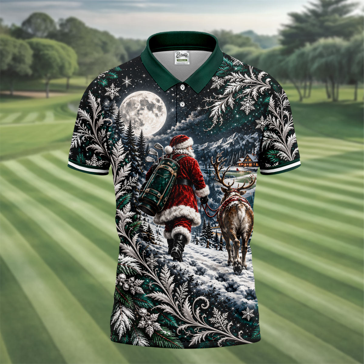 Moonlight Santa Reindeer Christmas Golf Shirt, Golf Shirts For Men, Golf Polo For Men
