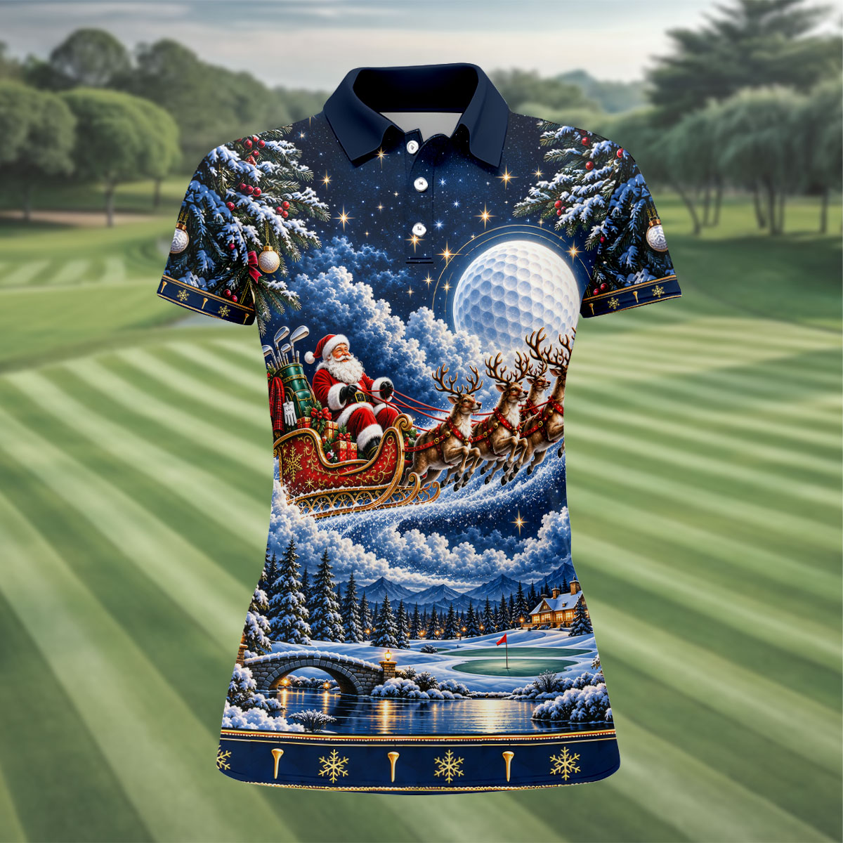 Santa Sleigh Golf Moon Christmas Golf Shirt, Womens Golf Tops, Golf Gifts For Women