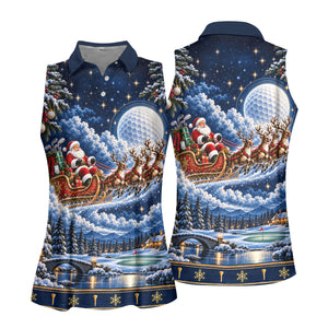 Santa Sleigh Golf Moon Christmas Golf Shirt, Womens Golf Tops, Golf Gifts For Women