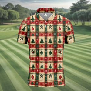 Tree Patchwork Plaid Christmas Golf Shirt, Golf Shirts For Men, Mens Golf Apparel