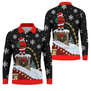 Santa On Chimney Christmas Golf Shirt, Mens Golf Apparel, Funny Mens Golf Shirts - Long Sleeve Polo Shirt