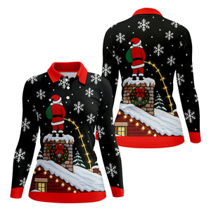 Santa On Chimney Christmas Golf Shirt, Golf Shirts For Women, Womens Golf Clothing - Long Sleeve Polo Shirt