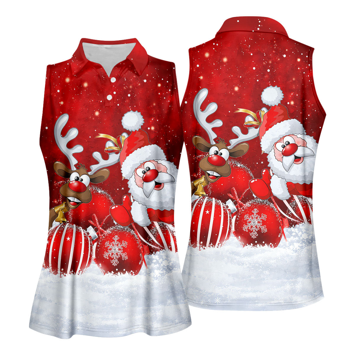 Santa Reindeer Snow Christmas Golf Shirt, Womens Golf Tops, Womens Golf Clothing - Sleeveless Polo Shirt