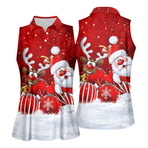 Santa Reindeer Snow Christmas Golf Shirt, Womens Golf Tops, Womens Golf Clothing - Sleeveless Polo Shirt