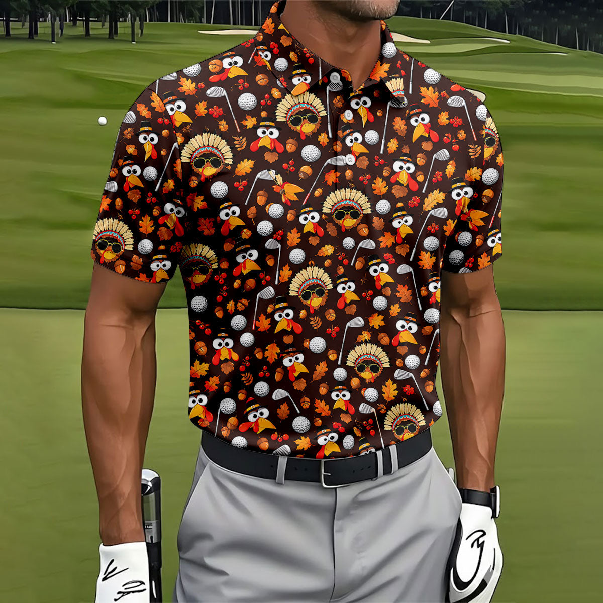 Golf Turkey Pattern Thanksgiving Golf Shirt, Mens Golf Polo, Golf Shirts For Men
