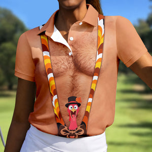Funny Turkey Suspenders Thanksgiving Golf Shirt, Womens Golf Shirts, Womens Golf Tops