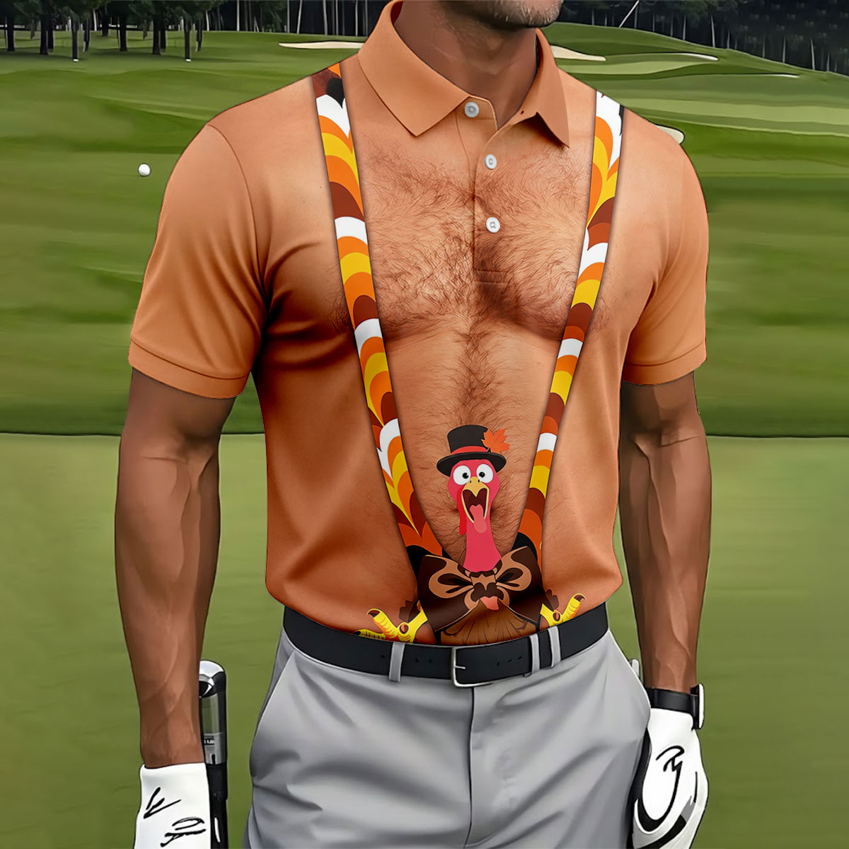 Funny Turkey Suspenders Thanksgiving Golf Shirt, Mens Golf Apparel, Golf Polo For Men