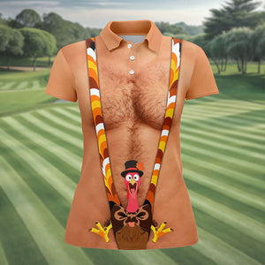 Funny Turkey Suspenders Thanksgiving Golf Shirt, Womens Golf Shirts, Womens Golf Tops