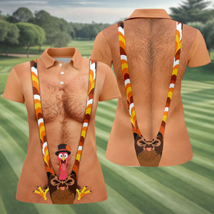 Funny Turkey Suspenders Thanksgiving Golf Shirt, Womens Golf Shirts, Womens Golf Tops