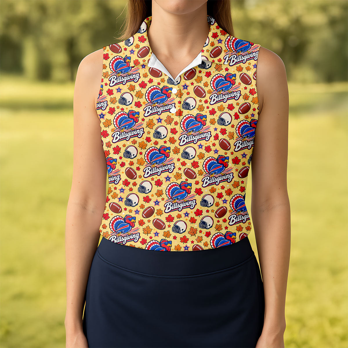 Yellow Football Leaves Thanksgiving Golf Shirt, Ladies Golf Tops, Ladies Golf Apparel