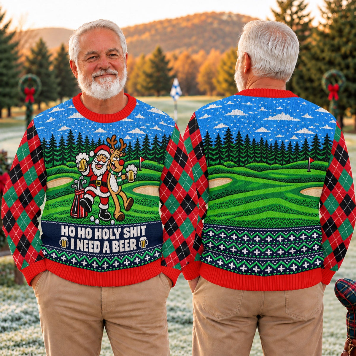 Santa Reindeer Beer Ugly Christmas Sweater, Christmas Golf Gift, Golf Lover Gifts - View 4