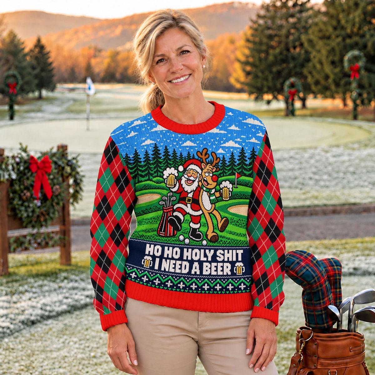 Santa Reindeer Beer Ugly Christmas Sweater, Christmas Golf Gift, Golf Lover Gifts - View 7