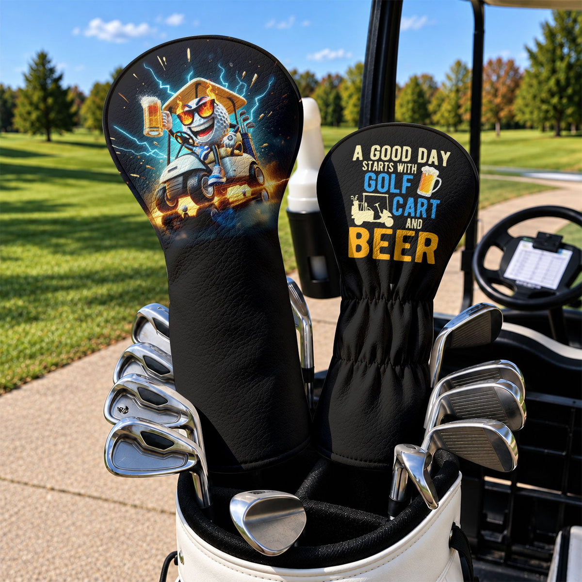 A Good Day Starts With Golf Cart And Beer Headcover, Golf And Beer Gift, Golfer Gift