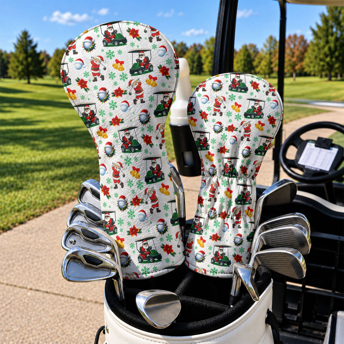 Santa Golf Cart Christmas Pattern Golf Head Cover, Christmas Golf Gift, Driver Cover