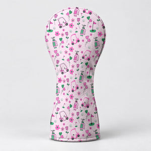 Pink Green Golf Cart Flowers Golf Head Cover, Gift For Her, Golf Headcovers For Women
