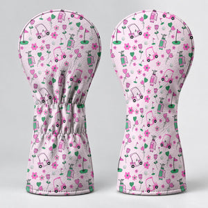 Pink Green Golf Cart Flowers Golf Head Cover, Gift For Her, Golf Headcovers For Women