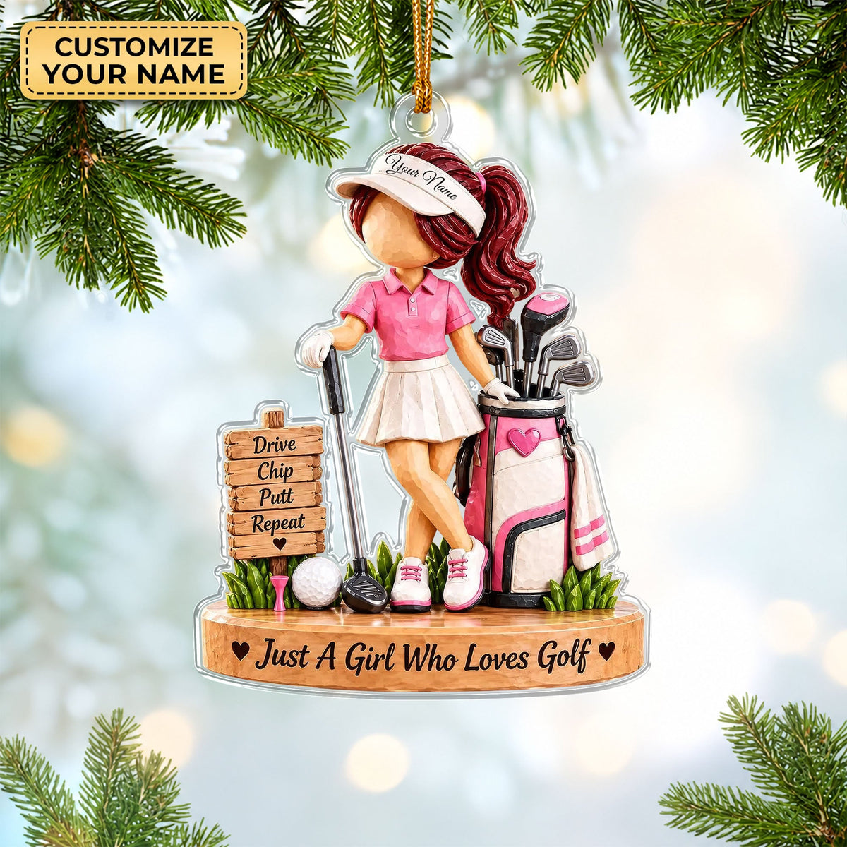 Custom Name Golf Girl Acrylic Ornament, Christmas Keepsake, Christmas Tree Decor