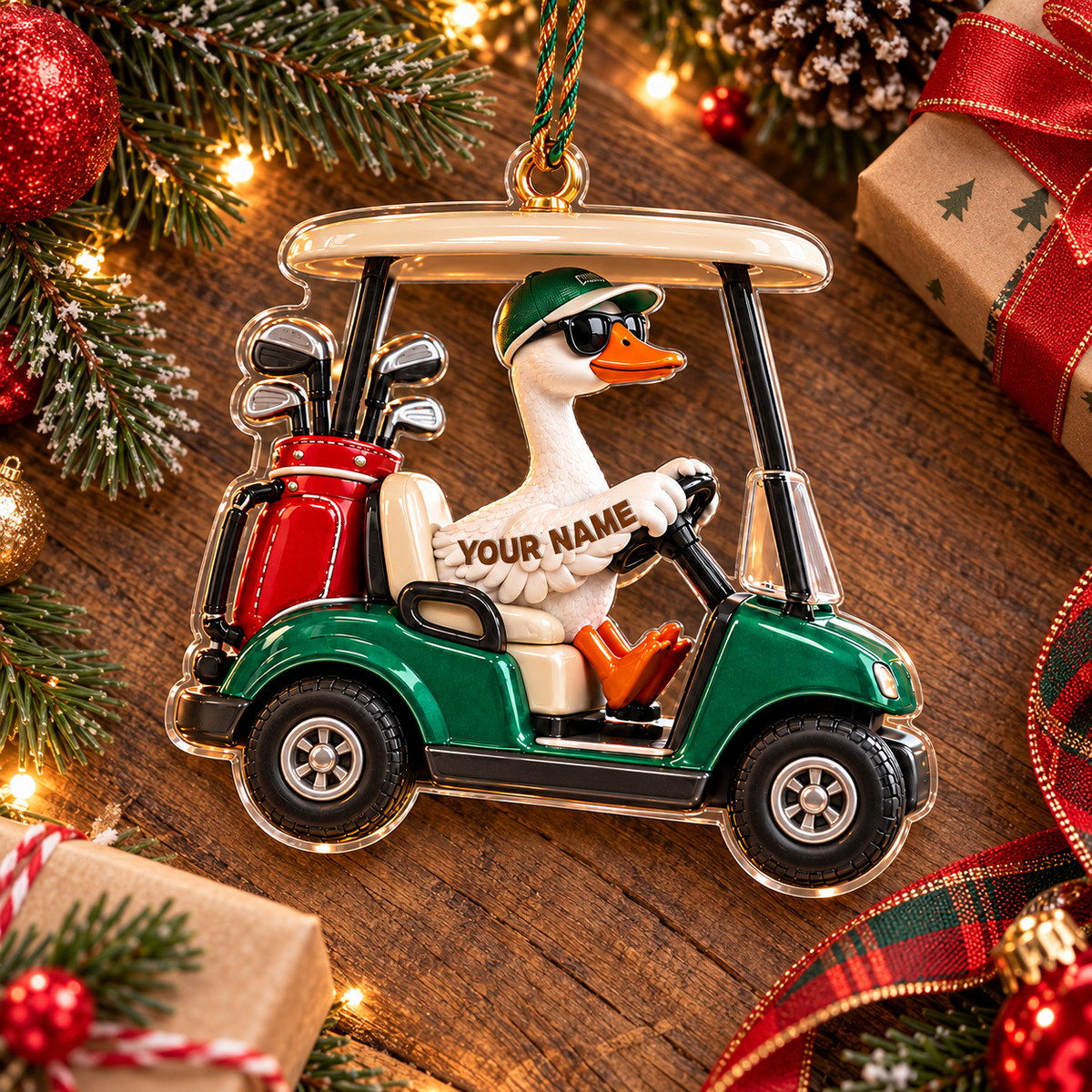Custom Name Goose Golf Cart Acrylic Ornament, Christmas Tree Decor, Golf Lover Gifts