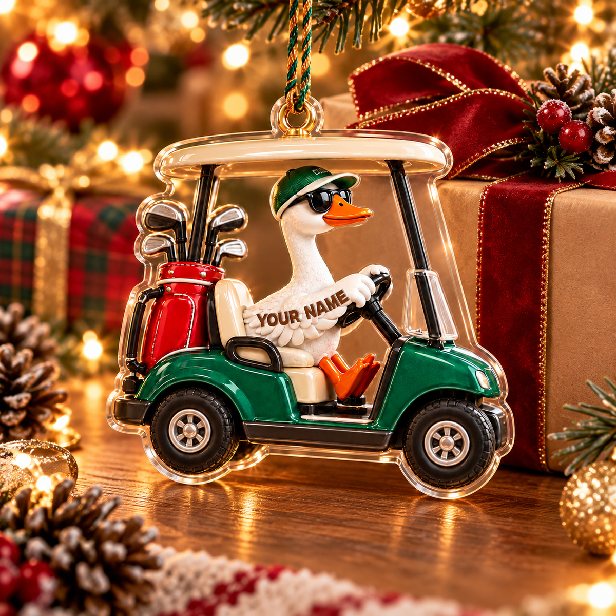 Custom Name Goose Golf Cart Acrylic Ornament, Christmas Tree Decor, Golf Lover Gifts