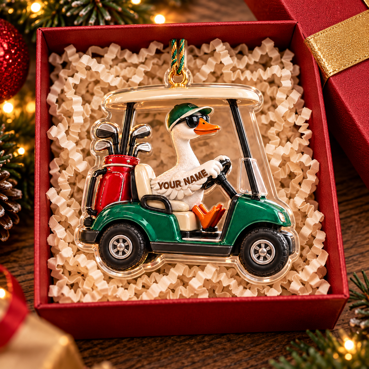 Custom Name Goose Golf Cart Acrylic Ornament, Christmas Tree Decor, Golf Lover Gifts