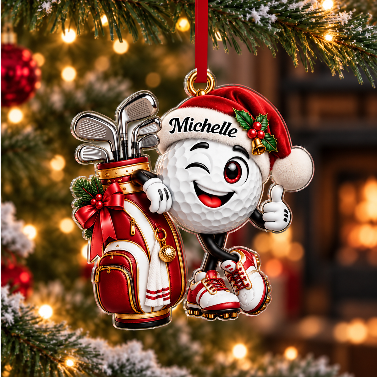 Custom Name Golf Ball Santa Hat Acrylic Ornament, Christmas Ornaments, Golfer Gifts