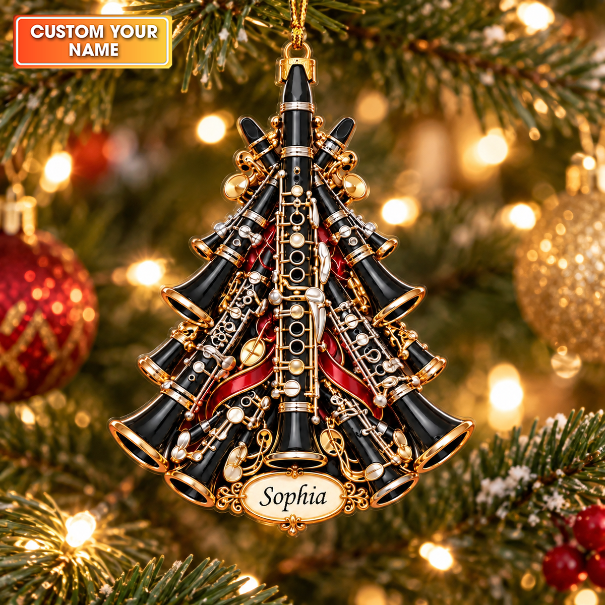 Custom Name Clarinet Tree Acrylic Ornament, Christmas Ornaments, Music Lover Gifts