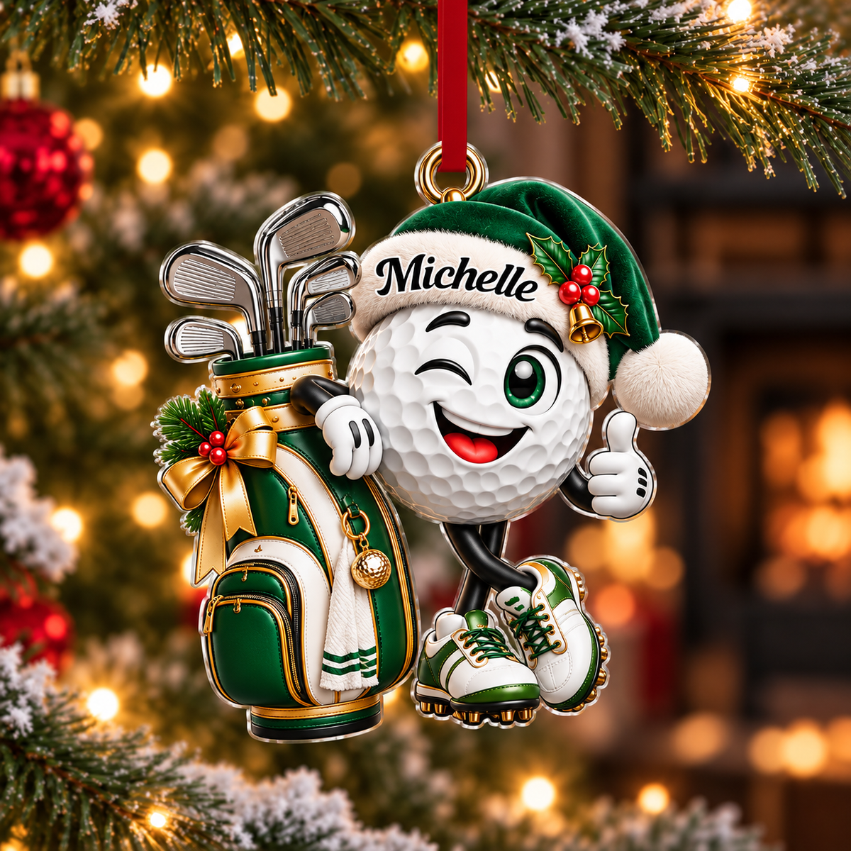Custom Name Green Golf Ball Santa Hat Acrylic Ornament, Holiday Gifts, Golfer Gifts