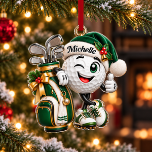 Custom Name Green Golf Ball Santa Hat Acrylic Ornament, Holiday Gifts, Golfer Gifts