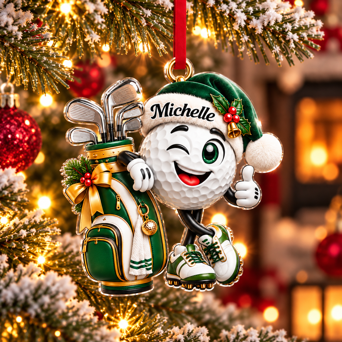 Custom Name Green Golf Ball Santa Hat Acrylic Ornament, Holiday Gifts, Golfer Gifts