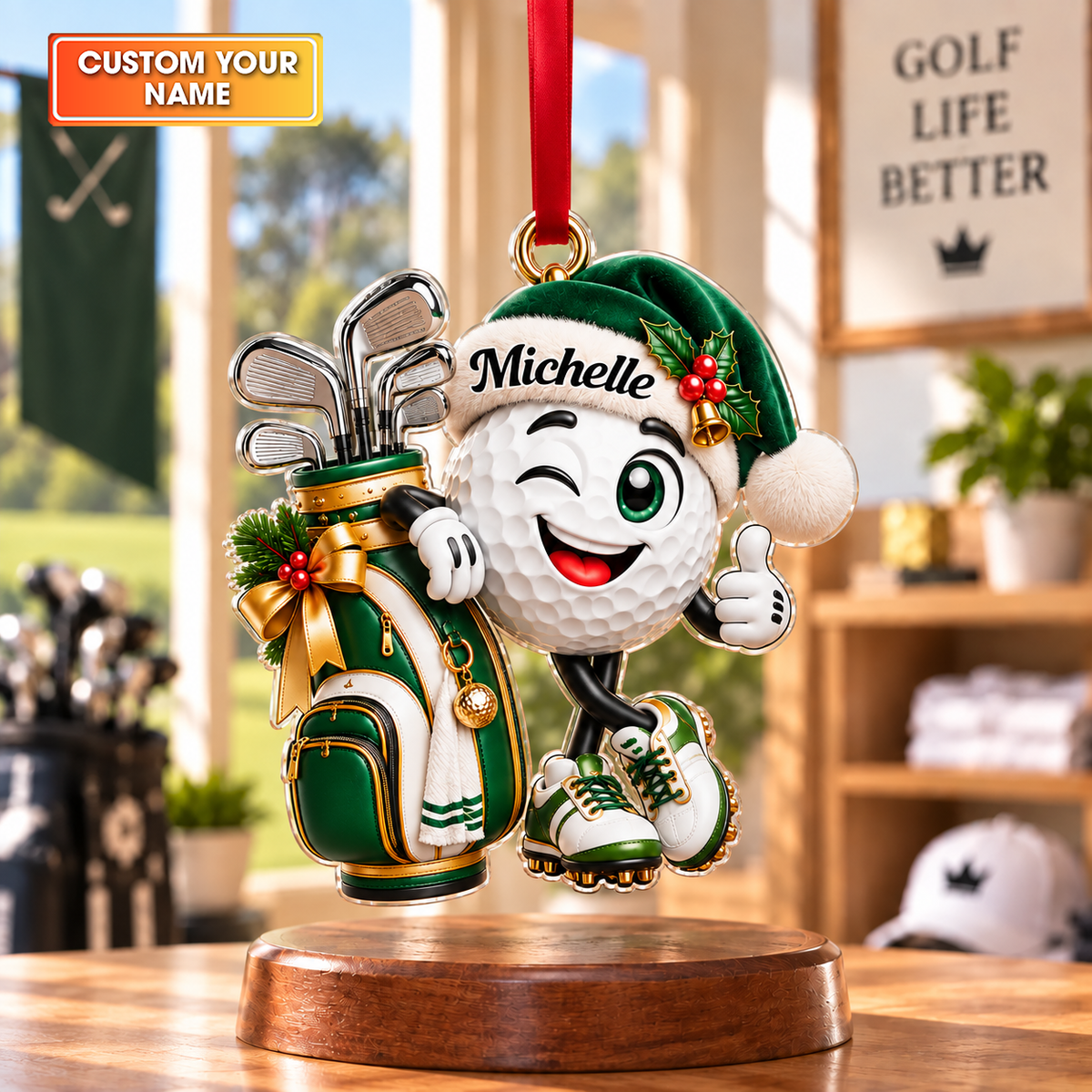 Custom Name Green Golf Ball Santa Hat Acrylic Ornament, Holiday Gifts, Golfer Gifts