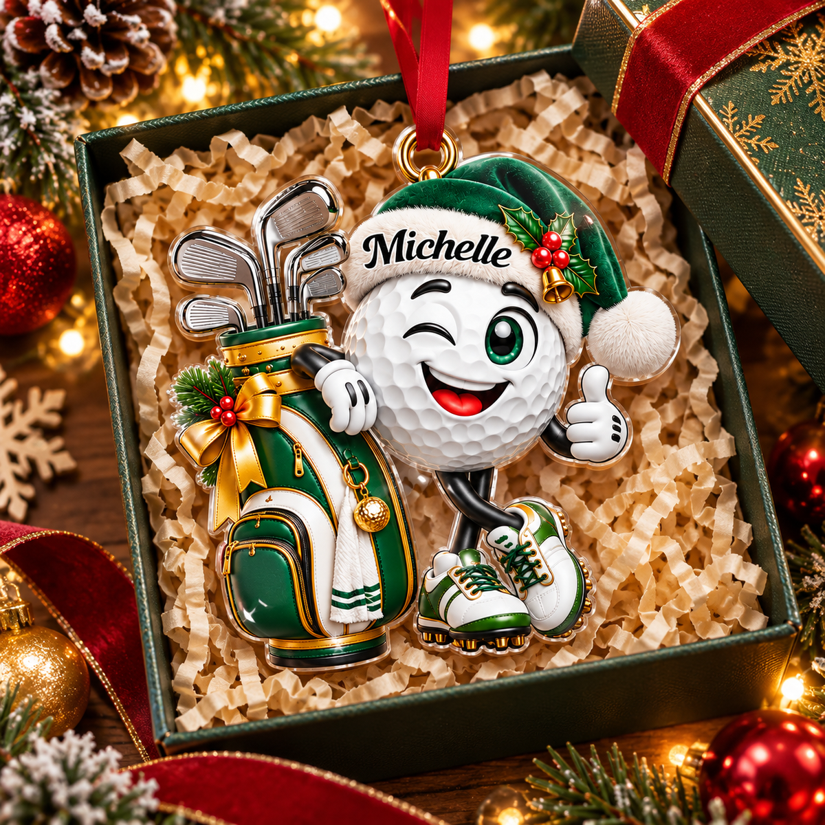 Custom Name Green Golf Ball Santa Hat Acrylic Ornament, Holiday Gifts, Golfer Gifts