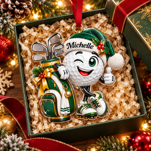 Custom Name Green Golf Ball Santa Hat Acrylic Ornament, Holiday Gifts, Golfer Gifts
