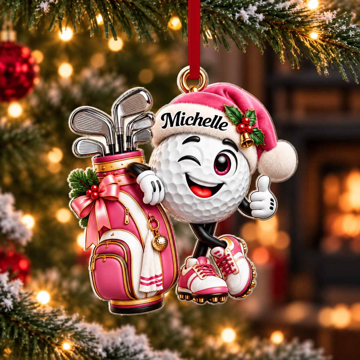 Custom Name Pink Golf Ball Santa Hat Acrylic Ornament, Christmas Gifts, Golf Gifts