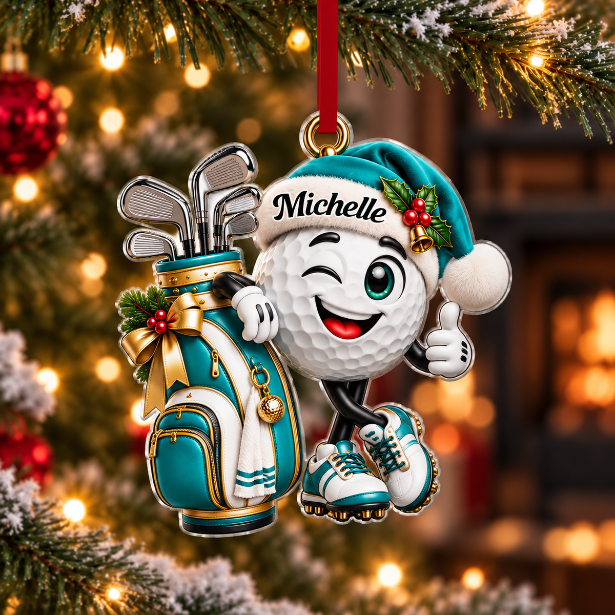 Custom Name Teal Golf Ball Santa Hat Acrylic Ornament, Christmas Gifts, Golf Gifts