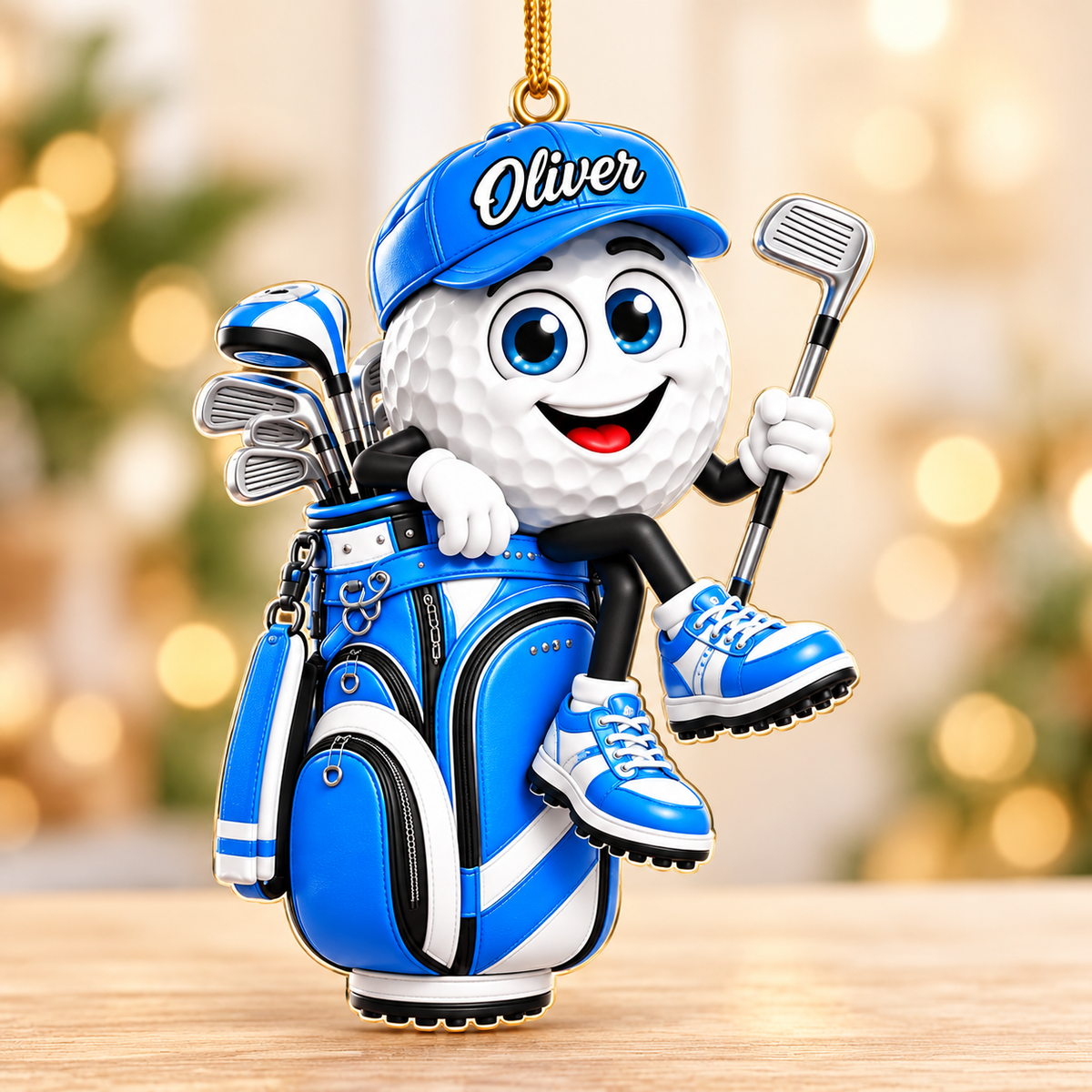 Custom Name Blue Golf Ball In Golf Bag Acrylic Ornament, Tree Ornaments, Golfer Gifts