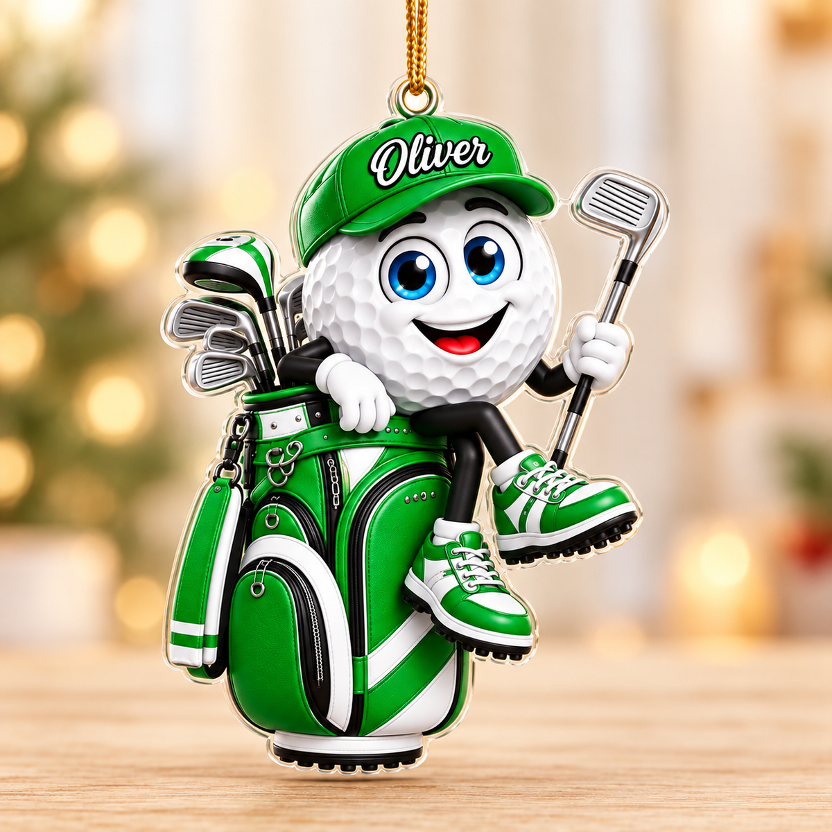 Custom Name Green Golf Ball In Golf Bag Acrylic Ornament, Holiday Gifts, Golf Gifts