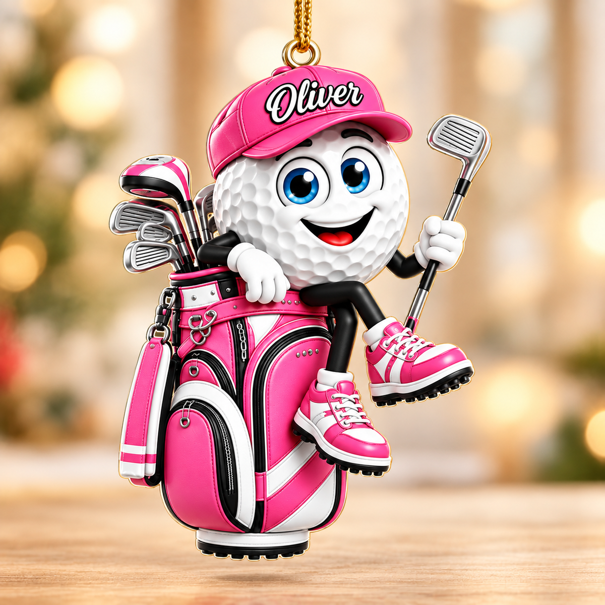 Custom Name Pink Golf Ball In Golf Bag Acrylic Ornament, Holiday Gifts, Golfer Gifts