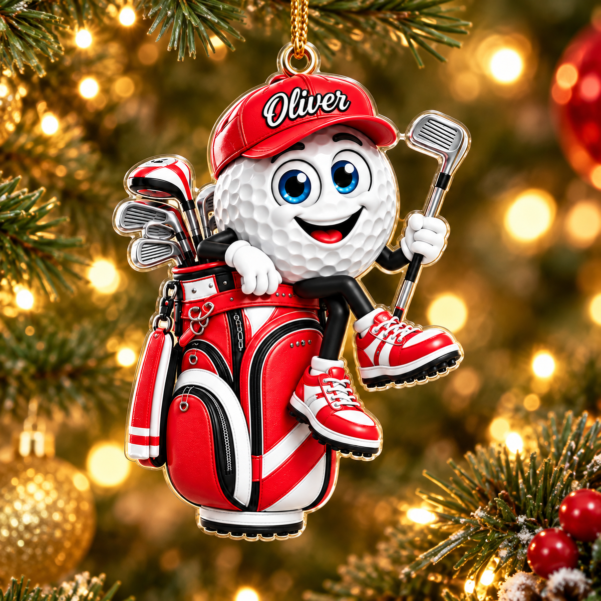 Custom Name Red Golf Ball In Golf Bag Acrylic Ornament, Christmas Gifts, Golfer Gifts