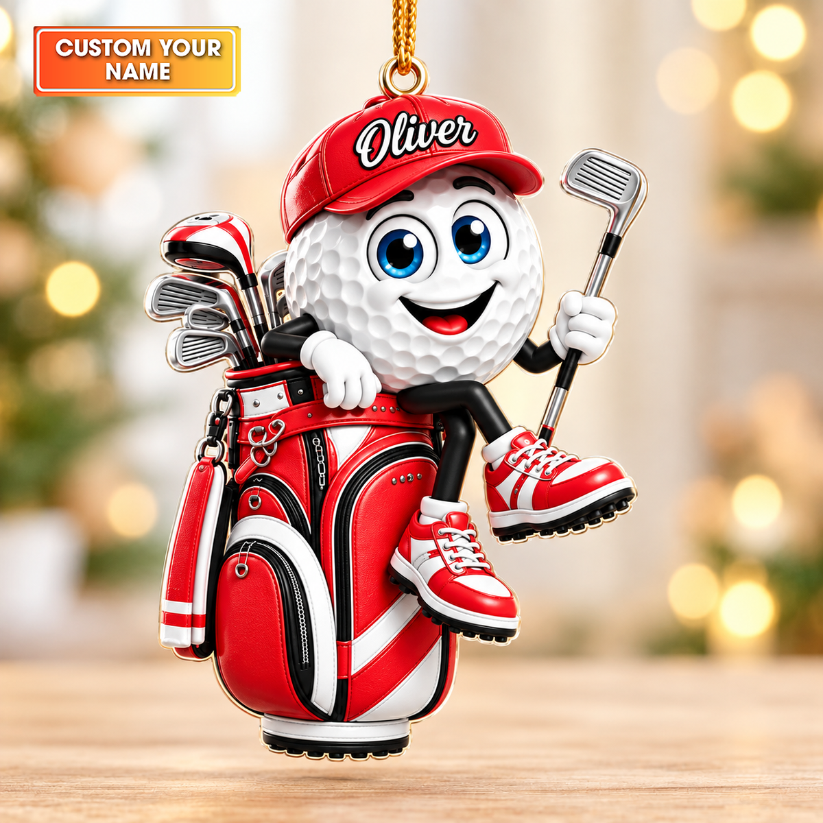 Custom Name Red Golf Ball In Golf Bag Acrylic Ornament, Christmas Gifts, Golfer Gifts