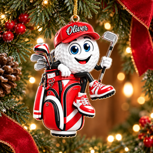 Custom Name Red Golf Ball In Golf Bag Acrylic Ornament, Christmas Gifts, Golfer Gifts